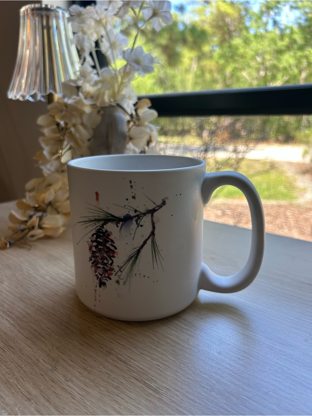 Nature-Illustrated White Pinecone Ceramic Coffee Mug